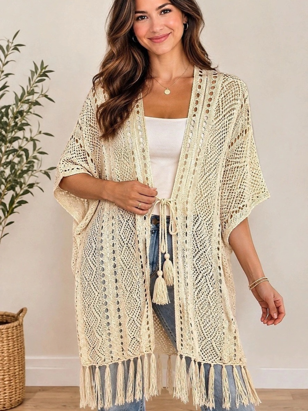Vince Camuto Cream Crochet Kimono Cardigan OS Fringe Boho Festival Beach Cover U